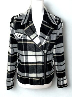 Hurley Women Plaid Moto Jacket Coat  Black White Size Medium